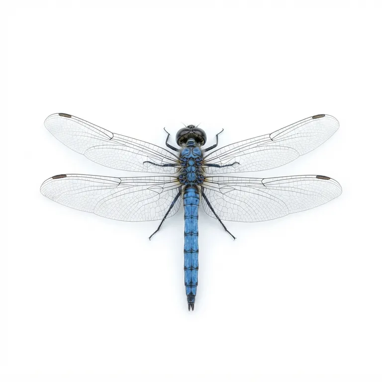 Libellule bleue avec ses quatre ailes transparentes déployées