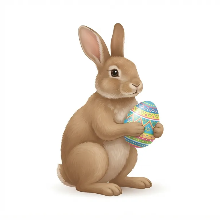 Lapin de Pâques brun assis tenant un œuf décoré entre ses pattes