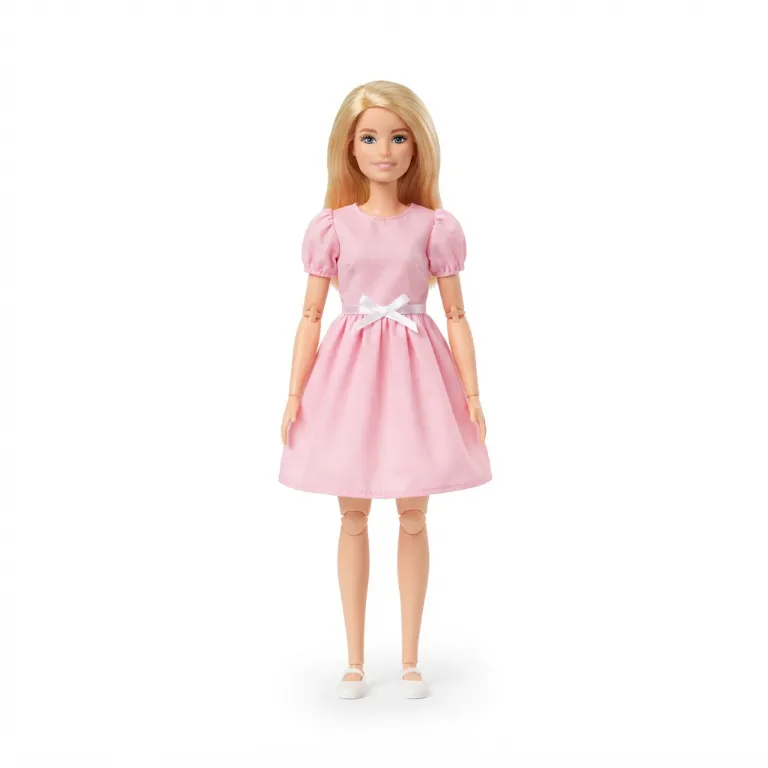 Poupée articulée avec des cheveux blonds et une robe rose