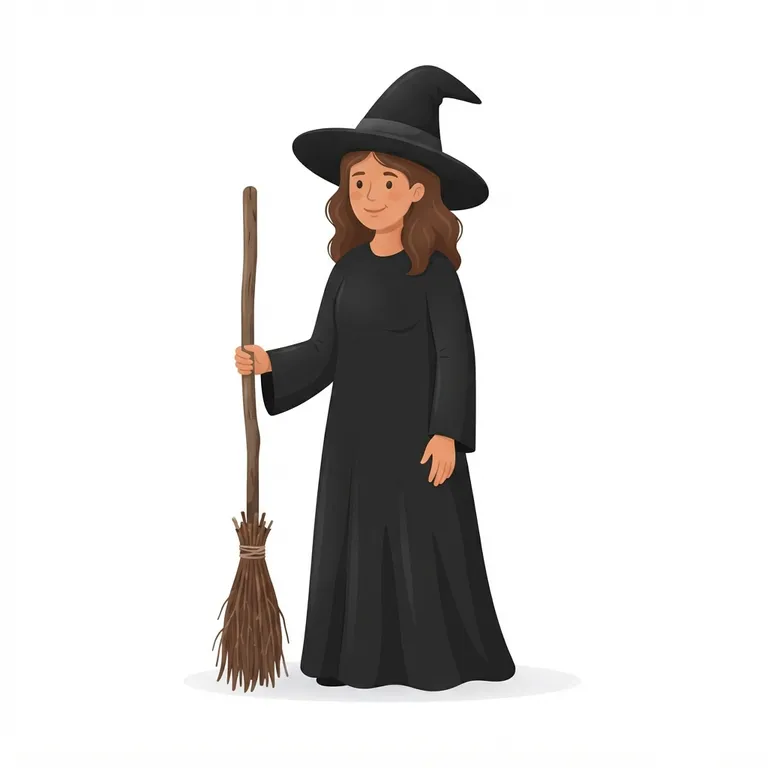 Gentille sorcière en robe noire avec un chapeau pointu et son balai