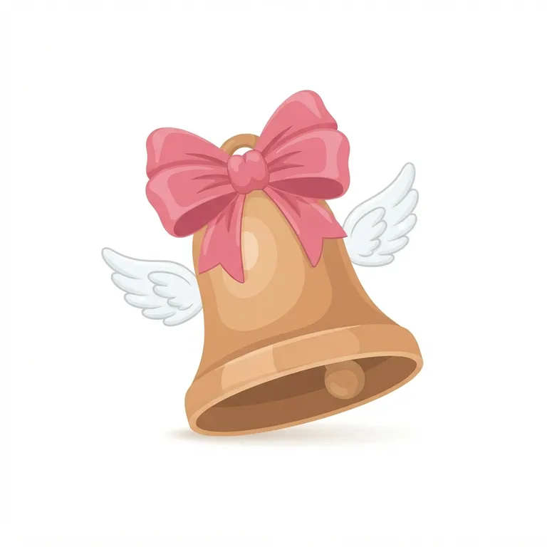 Cloche en bronze doré ornée d'un grand nœud de ruban rose et de deux petites ailes blanches