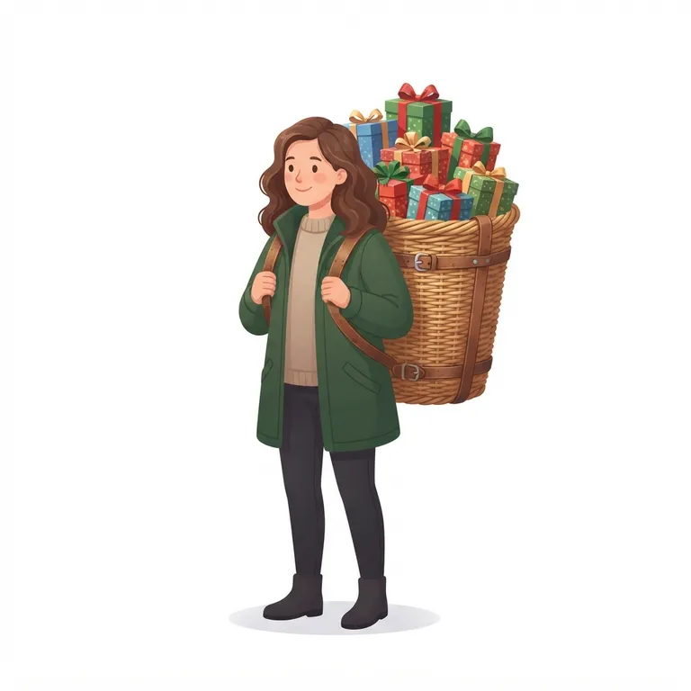 Grande hotte en osier remplie de cadeaux colorés