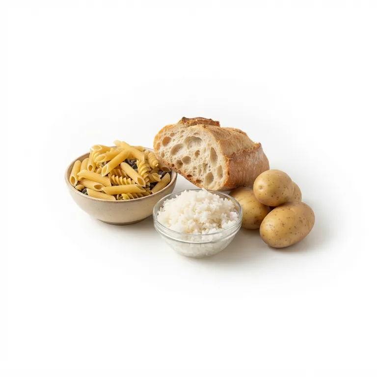 Assortiment de féculents incluant pain, pâtes, riz et pommes de terre