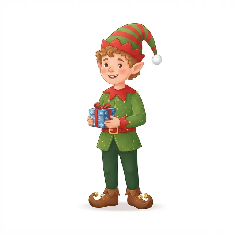 Lutin souriant en tunique verte et rouge tenant un petit cadeau