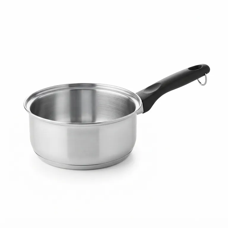 Casserole en inox avec un long manche noir