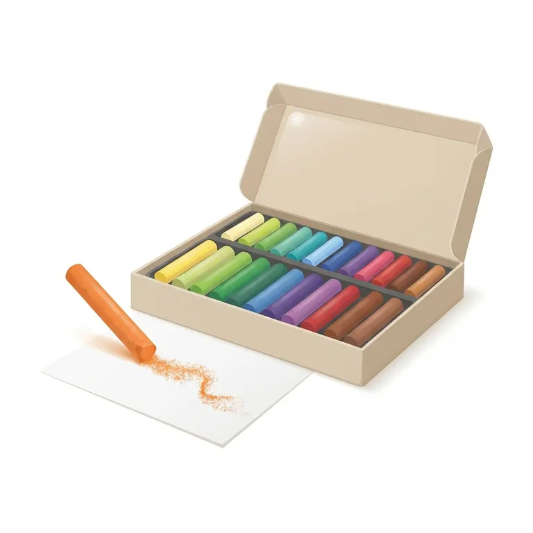 Boîte de pastels avec un bâton orange laissant une trace sur une feuille