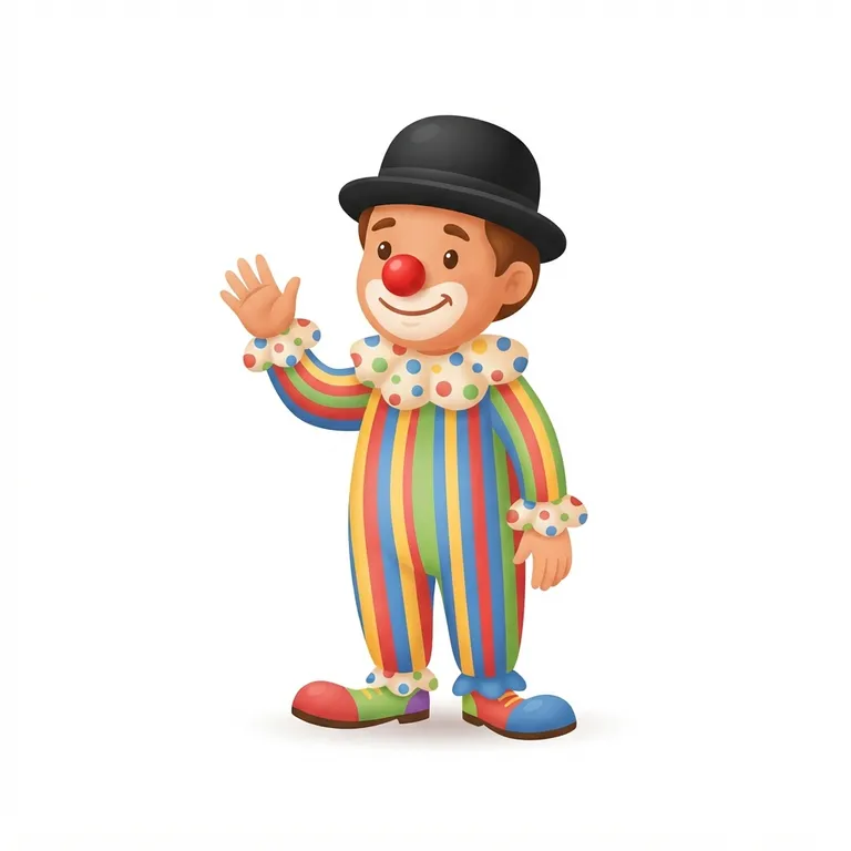 Clown souriant avec un nez rouge, un costume rayé et un chapeau melon