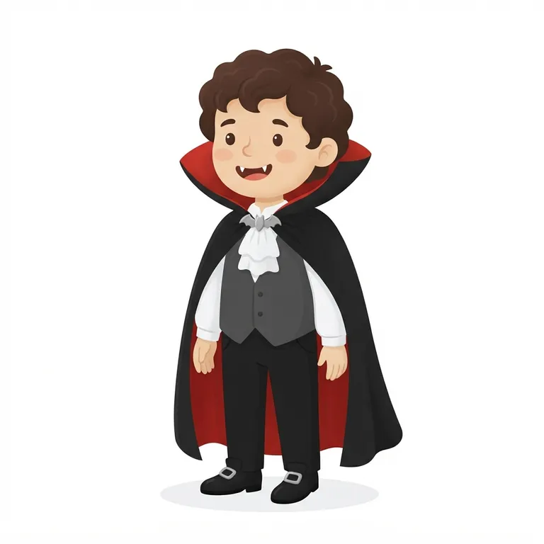Gentil vampire souriant avec une cape noire et deux petites canines