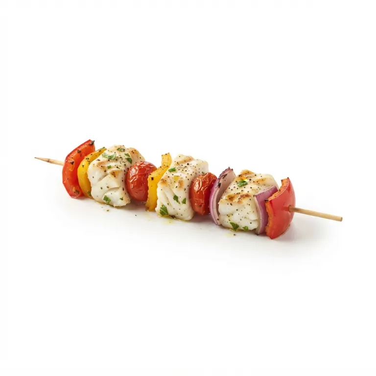 Brochette de poisson grillé présentée sur un fond neutre