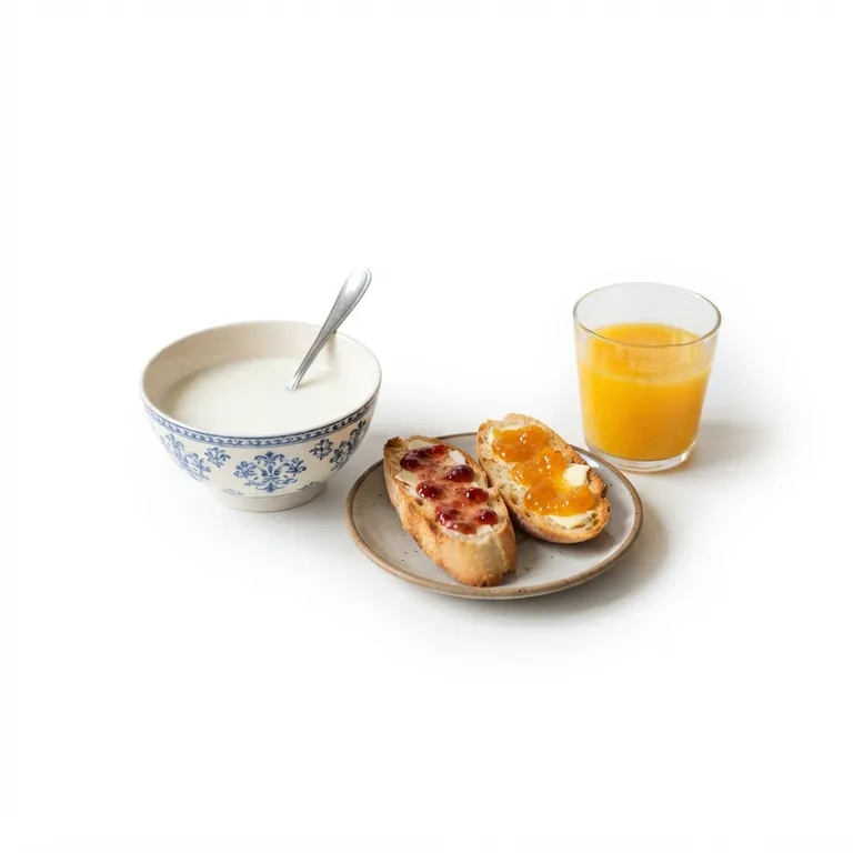 Bol de lait, tartines et verre de jus d'orange