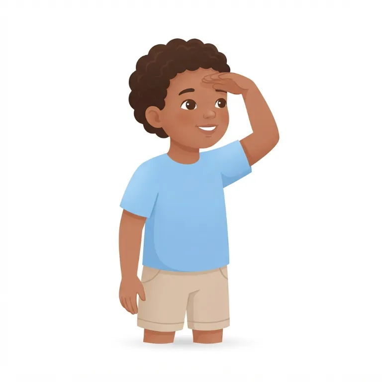 Enfant souriant regardant au loin avec une main en visière sur le front