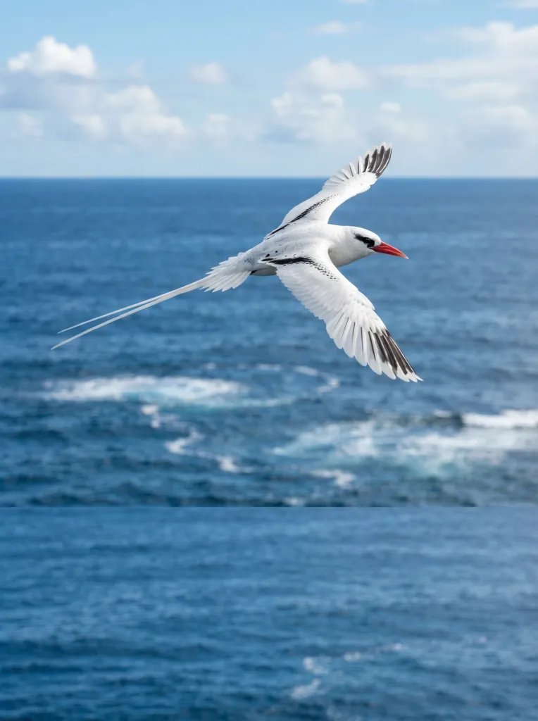 Paille-en-queue blanc avec ses deux longues plumes de queue effilées volant au-dessus de l'océan Indien