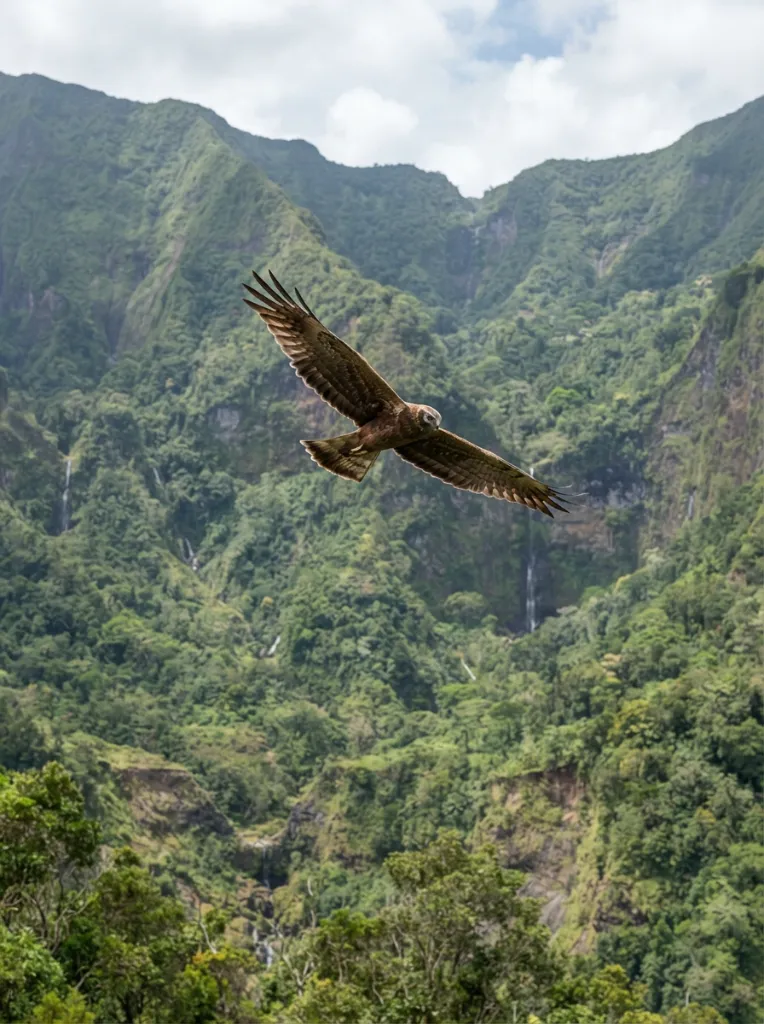 Papangue rapace aux ailes brunes et larges planant au-dessus d'un cirque montagneux verdoyant