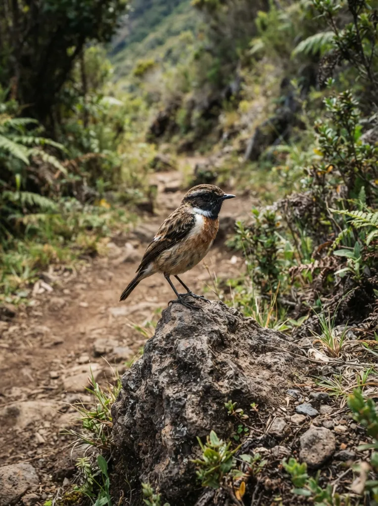 Petit oiseau tec-tec au plumage brun et noir posé sur une pierre au bord d'un sentier