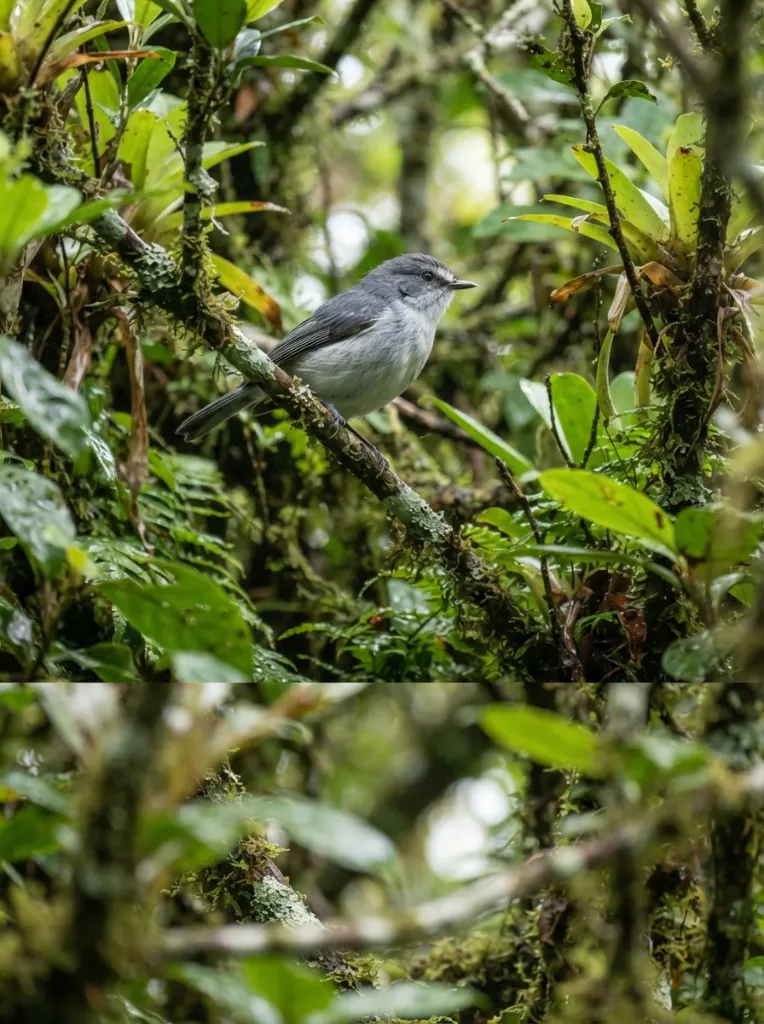 Tuit-tuit petit oiseau au plumage gris et blanc perché discrètement dans les branches d'un arbre