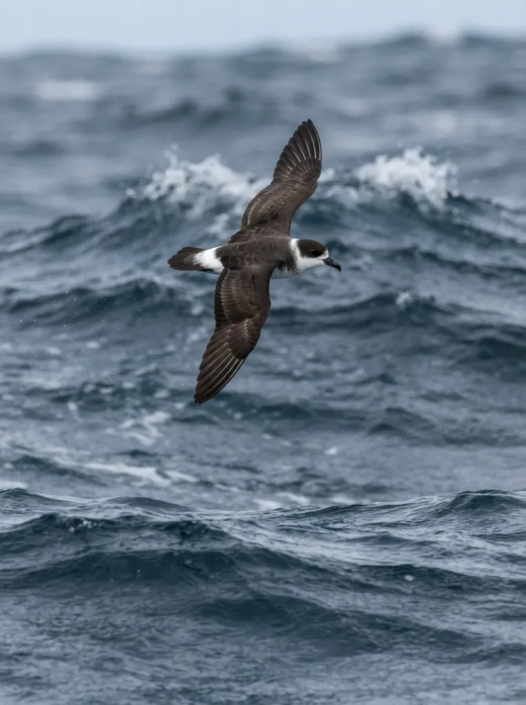 Pétrel noir oiseau marin au plumage sombre et aux ailes effilées volant au-dessus des vagues