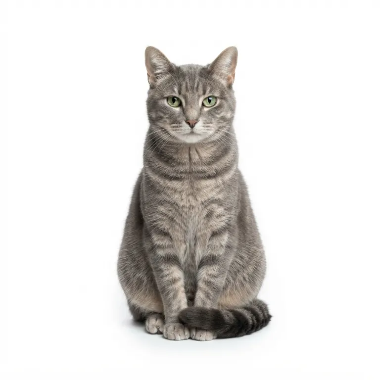Chat tigré gris aux yeux verts assis
