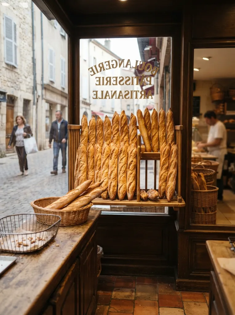 Devanture de boulangerie avec des baguettes dorées visibles en vitrine