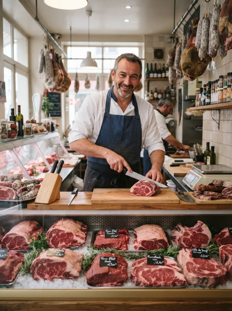Étalage de boucherie avec des morceaux de viande rouge et un boucher en tablier