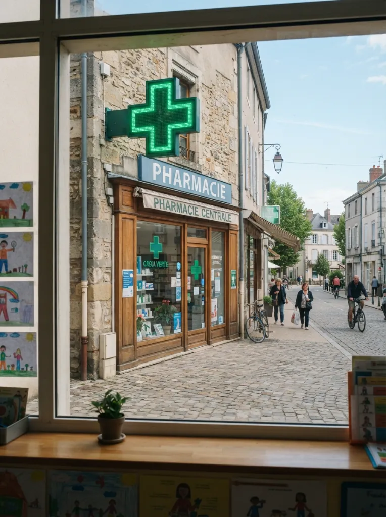 Façade de pharmacie avec une grande croix verte lumineuse