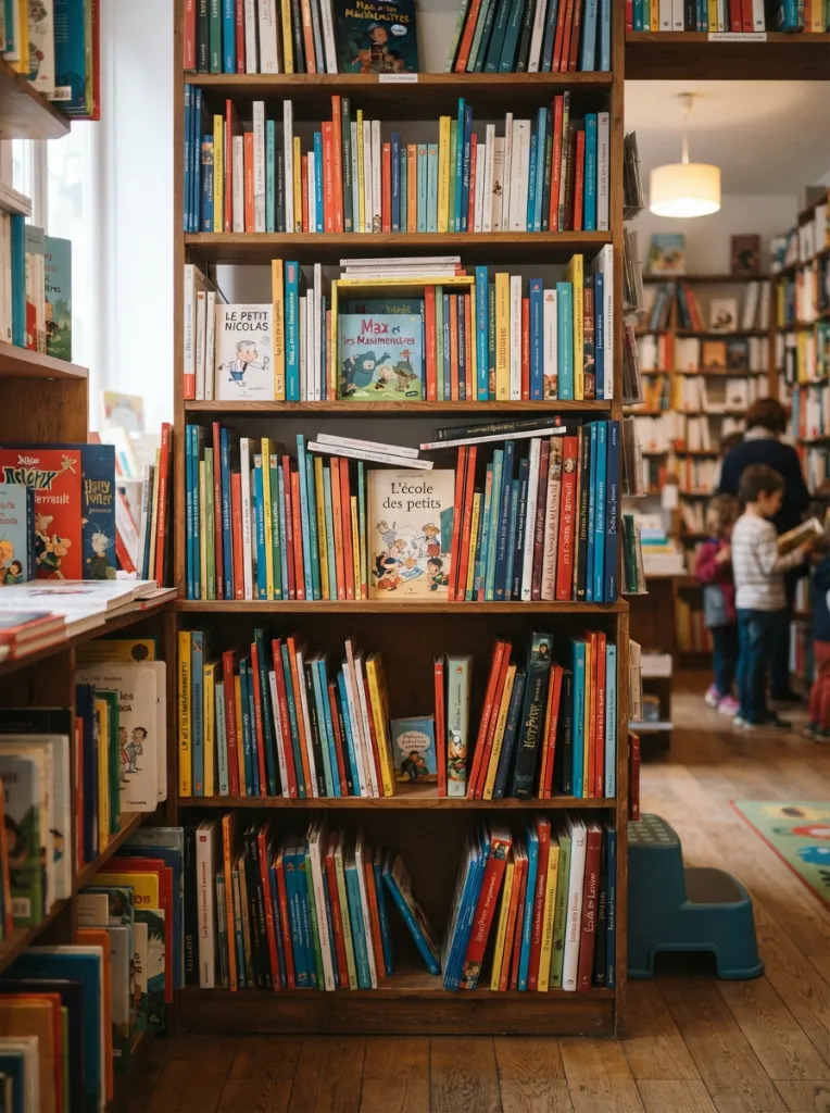 Intérieur de librairie avec des rayons remplis de livres colorés