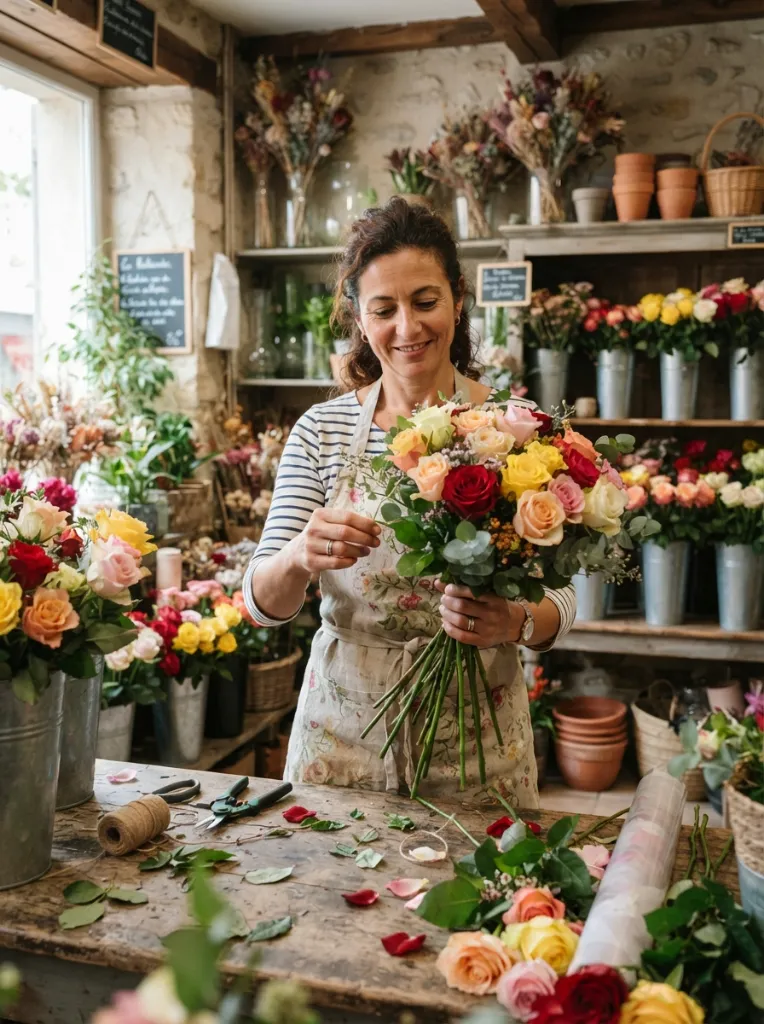 Fleuriste préparant un bouquet de roses colorées dans sa boutique