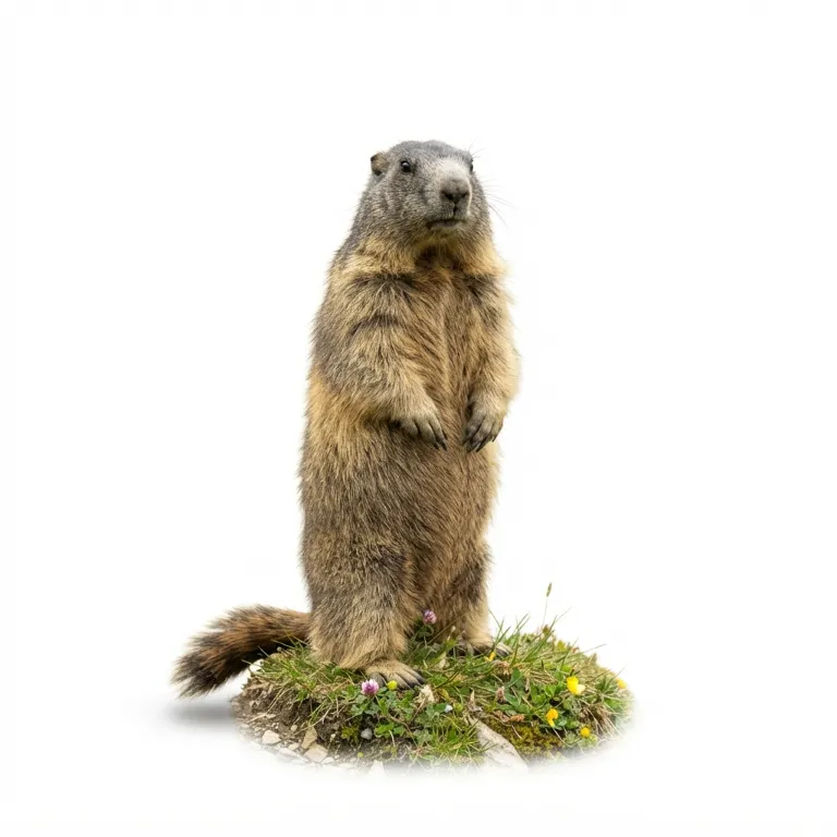 Marmotte debout sur ses pattes arrière dans une prairie alpine