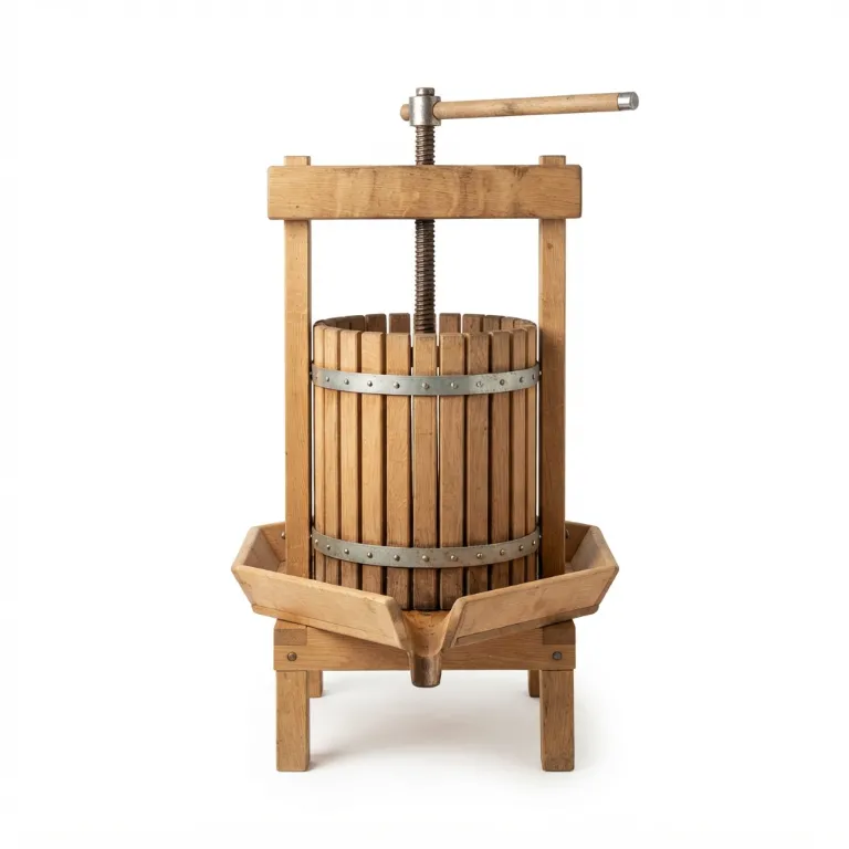 Pressoir en bois avec une vis centrale et un bac de récupération