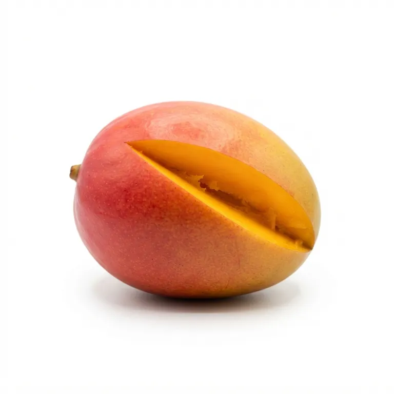 Mangue mûre à la peau lisse rouge et jaune avec une partie coupée