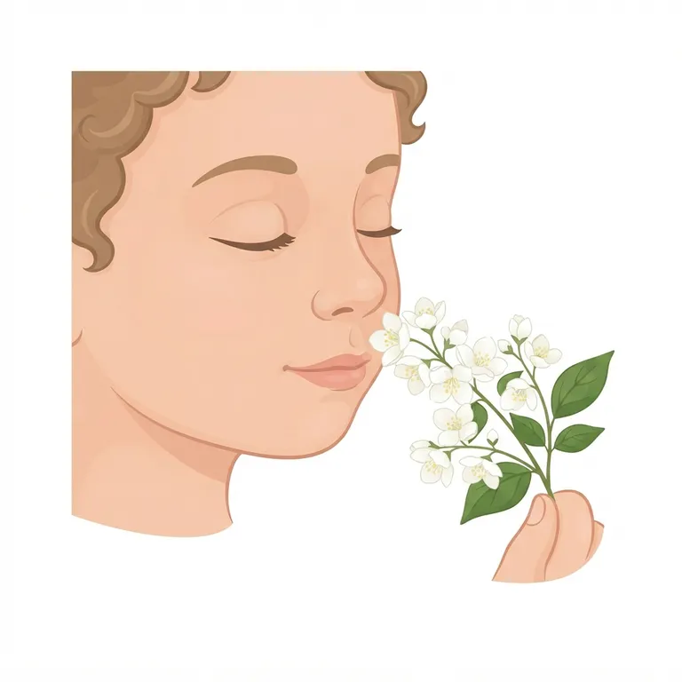 Nez humain reniflant délicatement une fleur de jasmin blanche