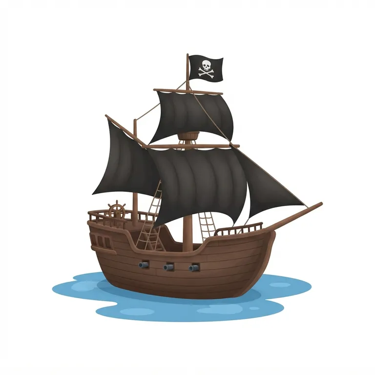Bateau pirate en bois avec des voiles noires et un mât central