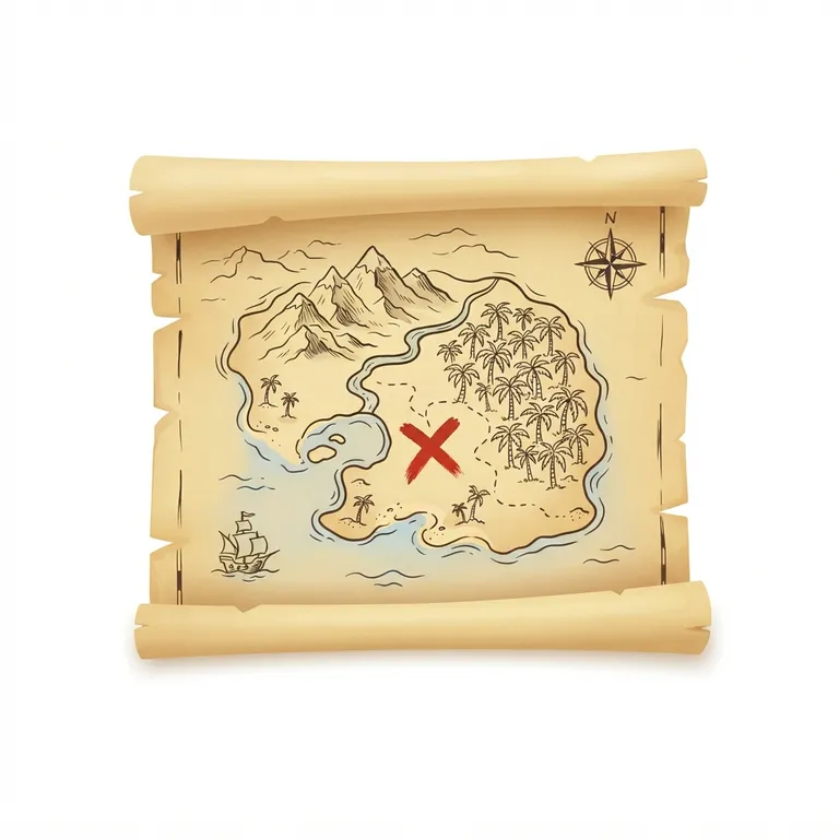 Carte au trésor sur papier jauni avec une croix rouge et un dessin d'île