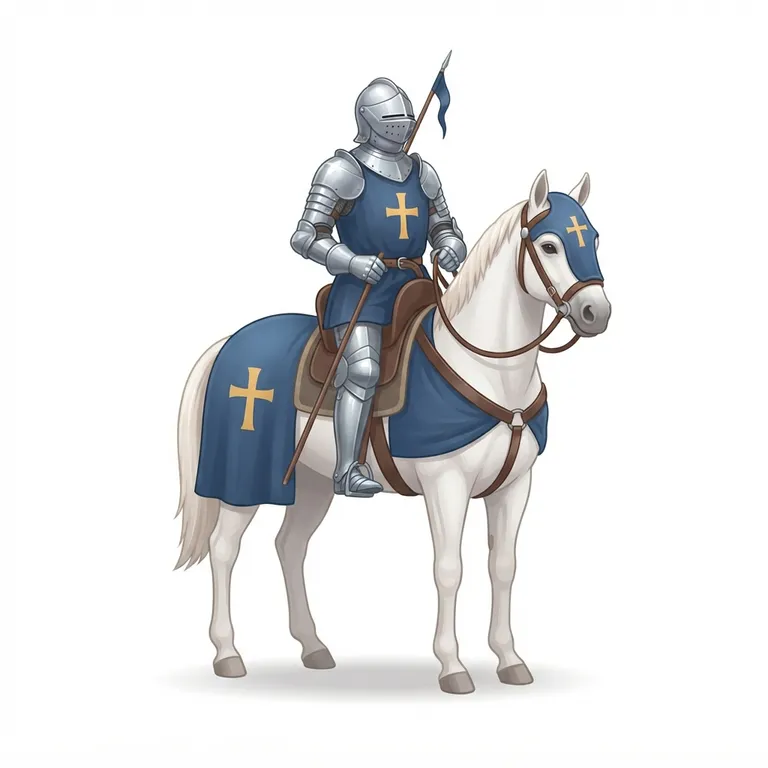 Chevalier en armure complète monté sur un cheval blanc