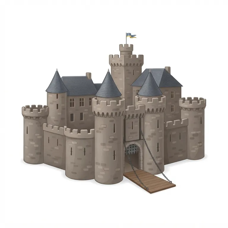 Château fort en pierre avec tours crénelées et pont-levis
