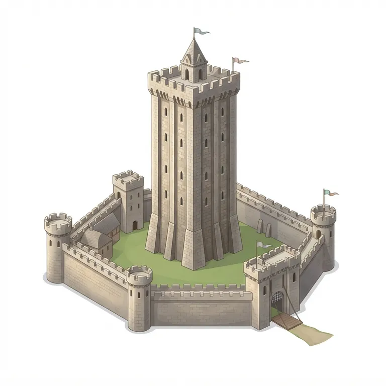 Donjon en pierre très haut situé au centre d'une forteresse