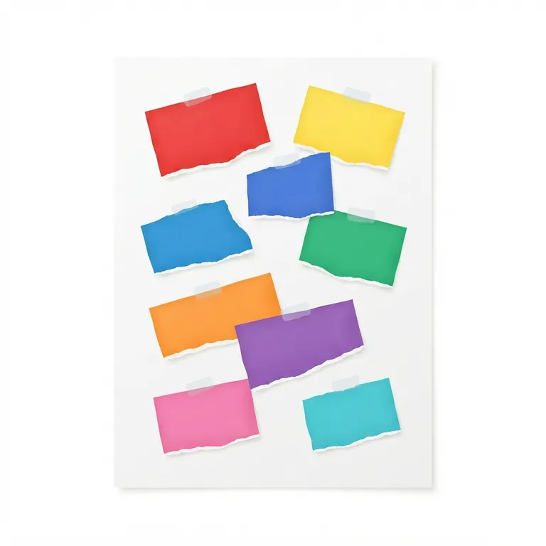 Morceaux de papier colorés fixés sur une feuille blanche