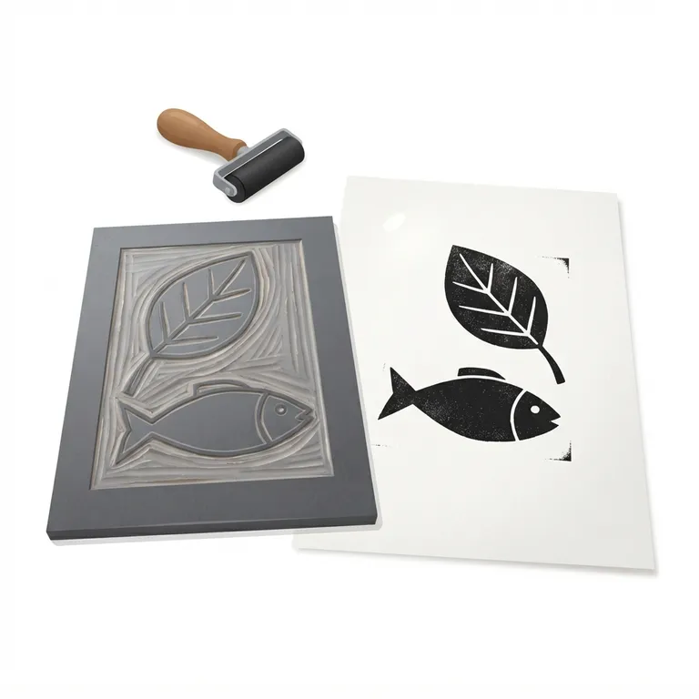 Plaque avec des traits creusés et une empreinte encrée sur papier