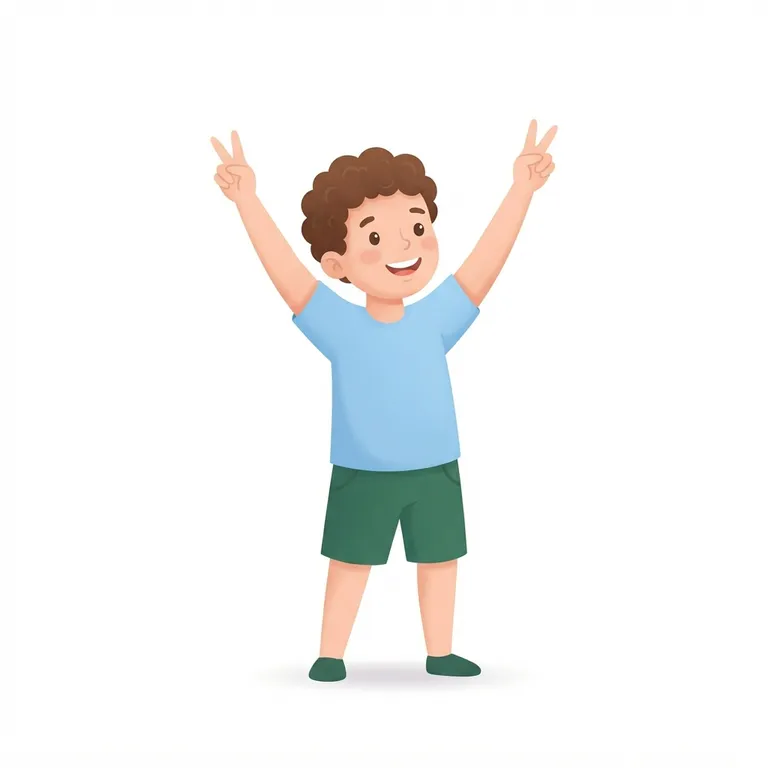 Enfant souriant, les bras levés en signe de victoire et de joie.