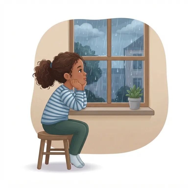 Enfant rêveur regardant par la fenêtre un jour de pluie.