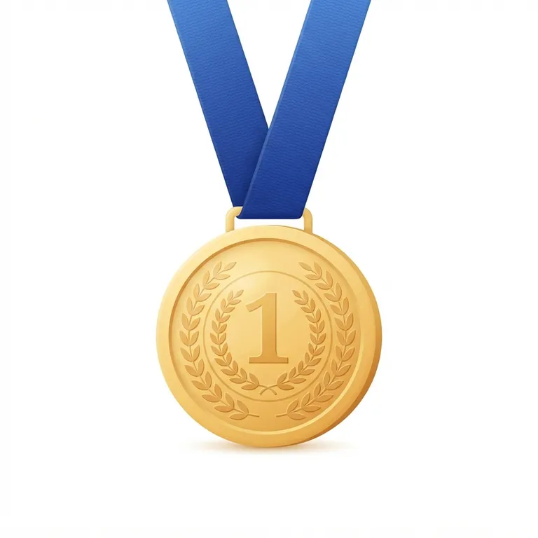 Médaille d'or ronde suspendue à un ruban bleu