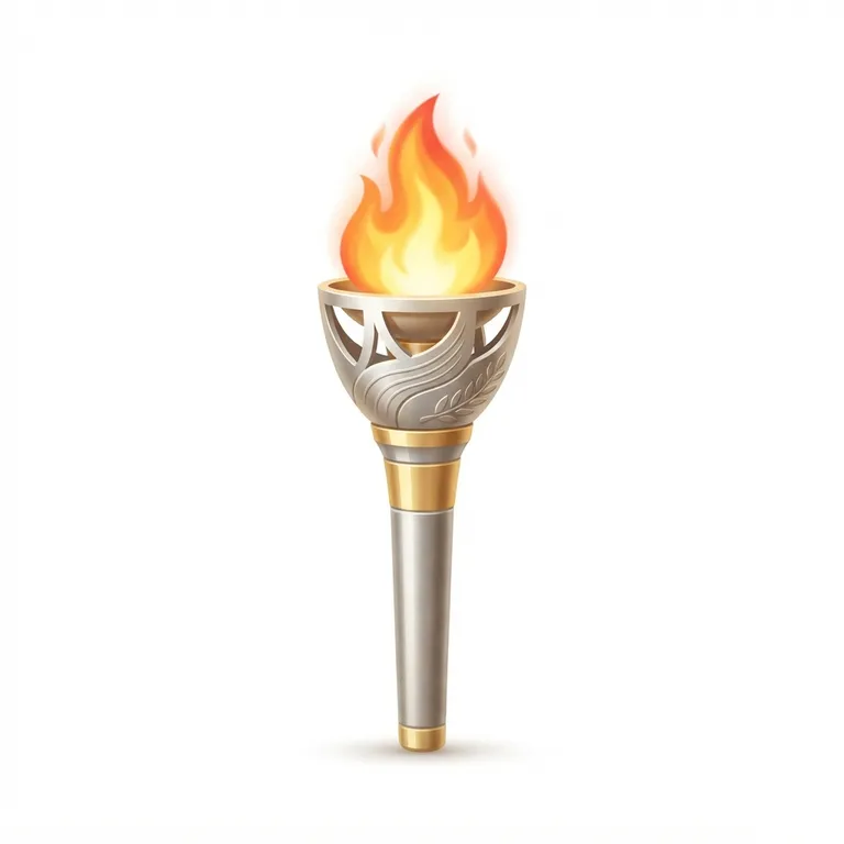 Torche olympique métallique avec une flamme vive au sommet