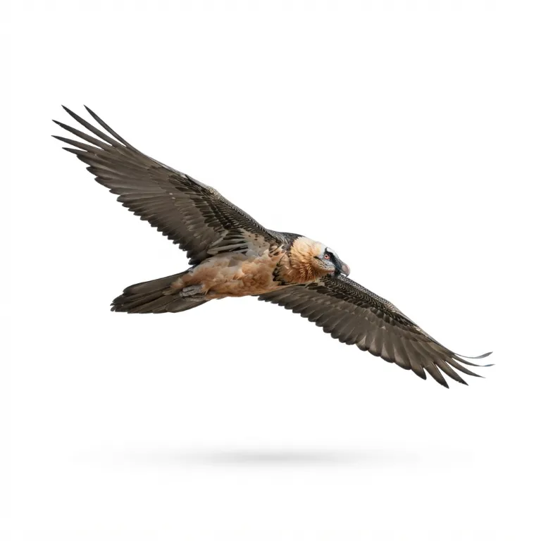 Gypaète barbu en vol avec ses ailes longues et étroites sur fond blanc